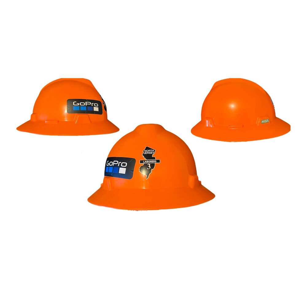 MSA V-Gard Orange Full Brim Hard Hat with Custom Stickers